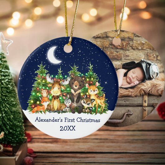 ベビー初めてのクリスマス森林動物ライト写真 セラミックオーナメント
