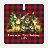 ベビー初めてのクリスマス森林動物レッドプレイド メタルオーナメント (正面)