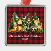 ベビー初めてのクリスマス森林動物レッドプレイド メタルオーナメント (正面)