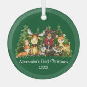 ベビー初めてのクリスマス森林動物レッドボウグリーン ガラスオーナメント (正面)