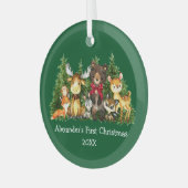 ベビー初めてのクリスマス森林動物レッドボウグリーン ガラスオーナメント (正面左)