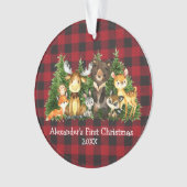 ベビー初めてのクリスマス森林動物赤格子 オーナメント (正面)