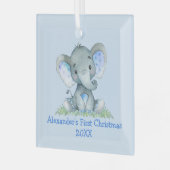 ベビー初めてのクリスマス水彩エレファントブルー ガラスオーナメント (正面左)