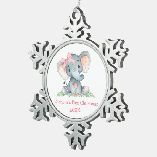 ベビー初めてのクリスマス水彩ピンクエレファントボウ スノーフレークピューターオーナメント (右)