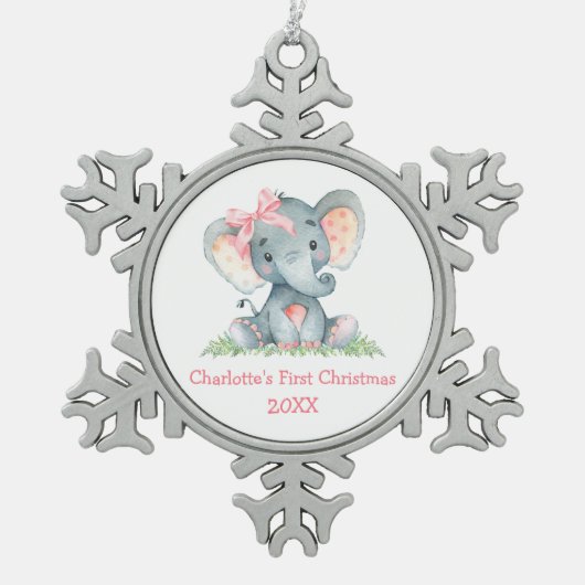 ベビー初めてのクリスマス水彩ピンクエレファントボウ スノーフレークピューターオーナメント (正面)
