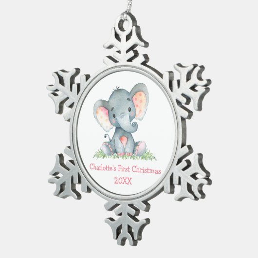 ベビー初めてのクリスマス水彩ピンクエレファント スノーフレークピューターオーナメント (右)