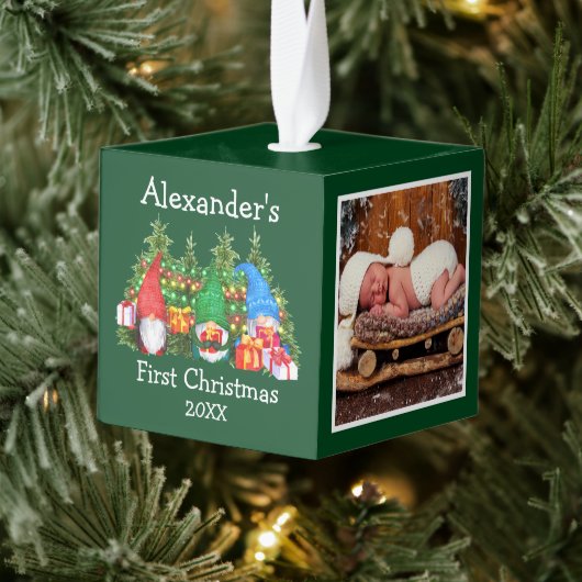 ベビー初めてのクリスマス水色格言写真 キューブオーナメント (ツリー)
