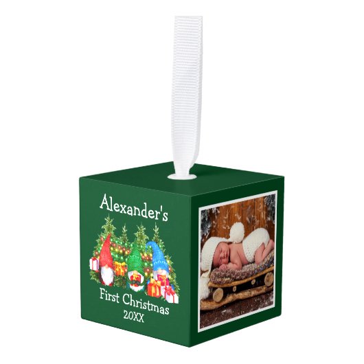 ベビー初めてのクリスマス水色格言写真 キューブオーナメント (正面アングル)