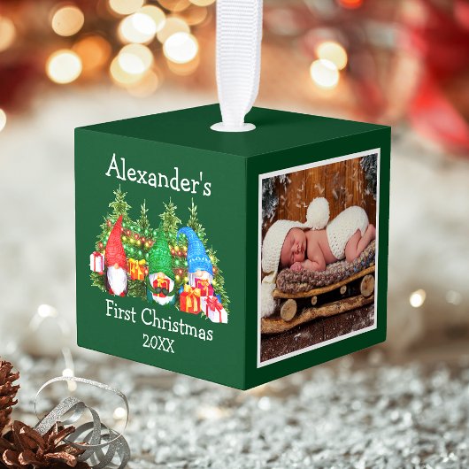 ベビー初めてのクリスマス水色格言写真 キューブオーナメント