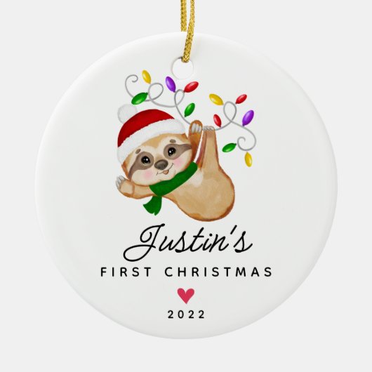 ベビー初めてのクリスマス男の赤ちゃんスロッス セラミックオーナメント (正面)