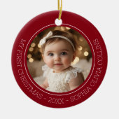 ベビー初めてのクリスマス赤モダン2枚生まれたばかりの写真 セラミックオーナメント (正面)