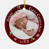 ベビー初めてのクリスマス赤素朴名前をカスタムする セラミックオーナメント (正面)