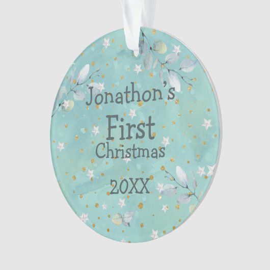 ベビー初めてのクリスマス離れ名Photo Yearティール（緑がかった色） オーナメント (正面)
