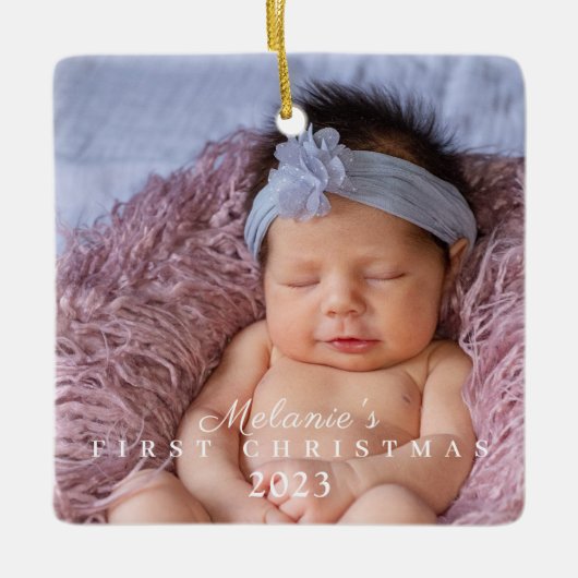 ベビー初めてのクリスマス2枚かわいい生まれたばかりの写真 セラミックオーナメント (正面)