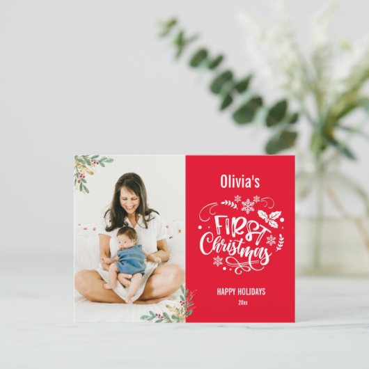 ベビー初めてのクリスマス |金ゴールドの葉写真 シーズンポストカード (スタンド正面)