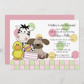 ベビー動物の女の子のベビーシャワーの招待状 招待状 (正面/裏面)