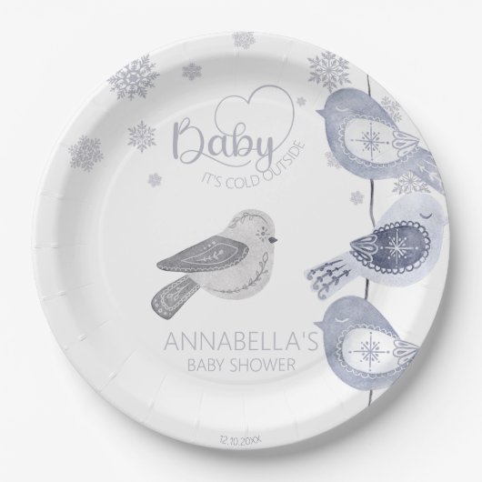 ベビー北欧の冬のベビーシャワー外は寒い ペーパープレート (正面)