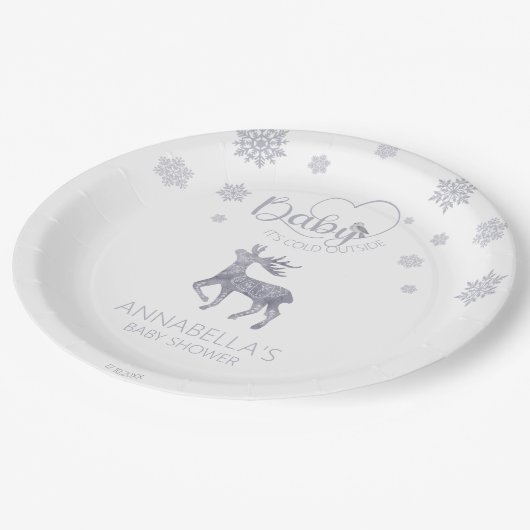 ベビー北欧トナカイの赤ちゃんシャワー外は寒い ペーパープレート (アングル)