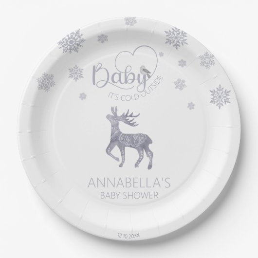 ベビー北欧トナカイの赤ちゃんシャワー外は寒い ペーパープレート (正面)