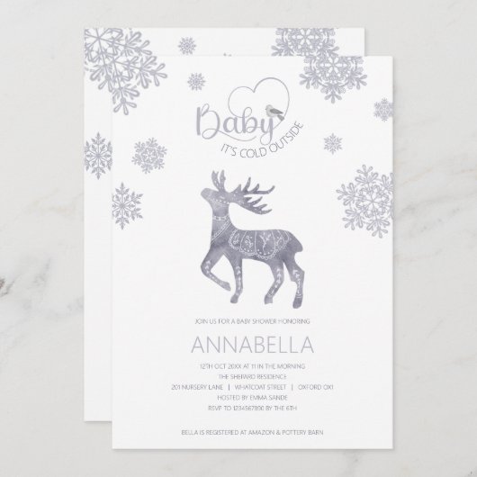 ベビー北欧トナカイの赤ちゃんシャワー外は寒い 招待状 (正面/裏面)