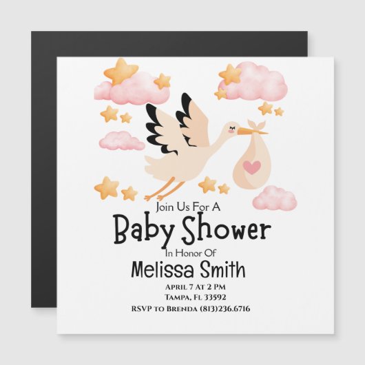 ベビー及びストーク磁気ベビーシャワー招待状 マグネット招待状 (正面/裏面)