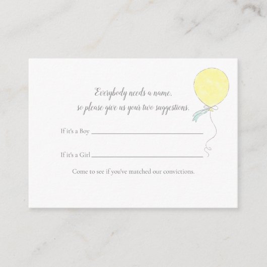 ベビー名の候補ベビーふりかけ黄色のバルーン エンクロージャーカード (正面)