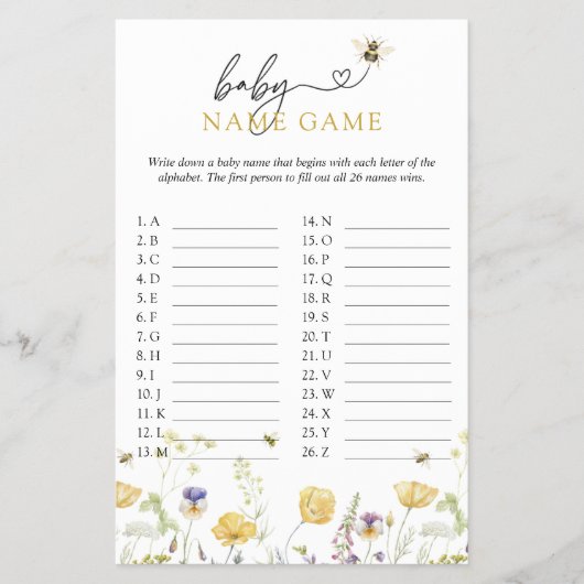 ベビー名ゲーム蜂ワイルドフラワーベイビーシャワーゲーム チラシ (正面)