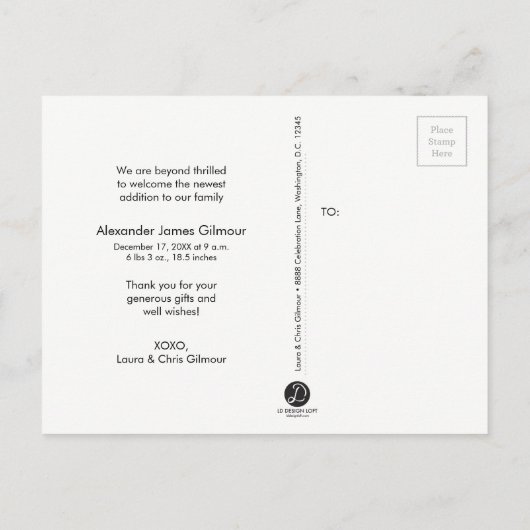 ベビー名スクリプト誕生発表写真 案内ポストカード (裏面)