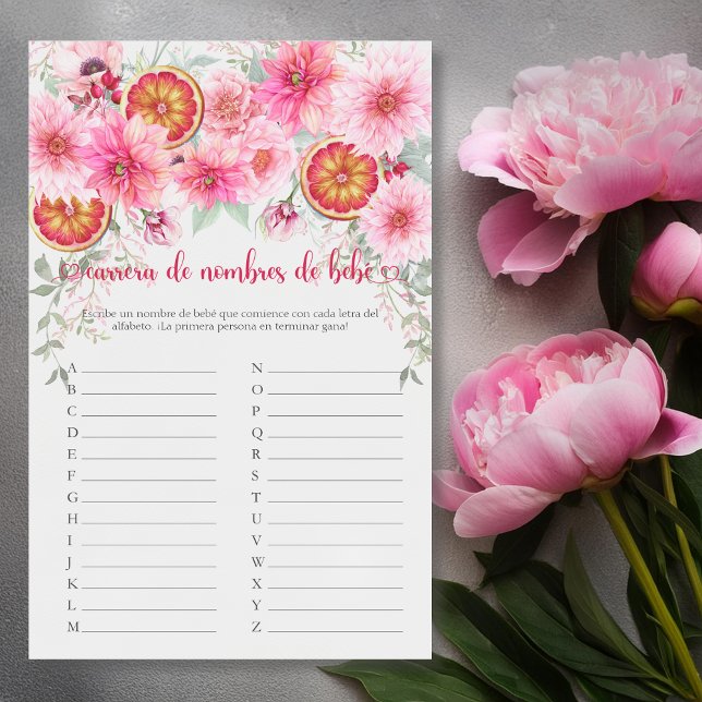 ベビー名スペインのレースピンク赤ちゃんシャワーゲーム (Spanish baby name race citrus with pink flowers baby shower game, girl baby shower,)