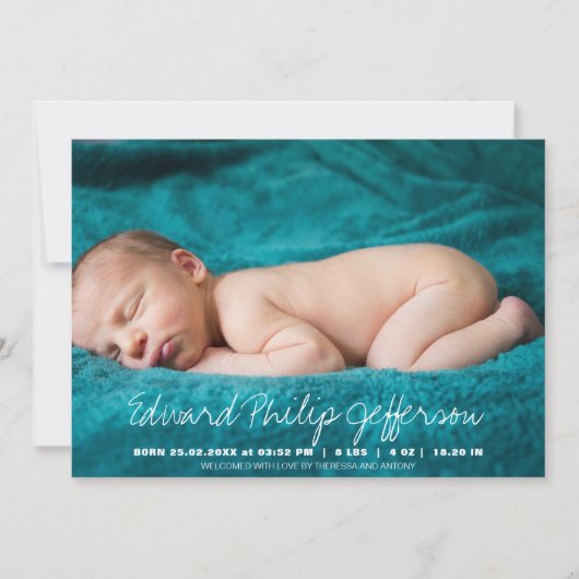 ベビー名タイポグラフィスクリプトフォトオーバーレイ 案内状 (正面)