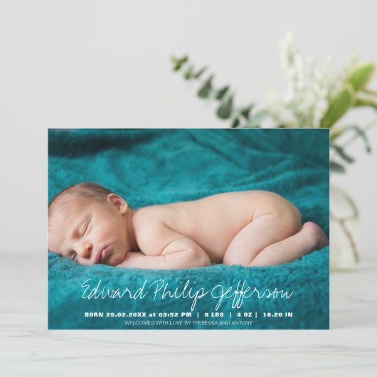 ベビー名タイポグラフィスクリプトフォトオーバーレイ 案内状 (スタンド正面)