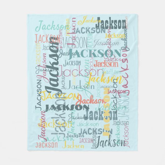 ベビー名パターンタイポグラフィニュートラルブルー フリースブランケット (正面)