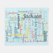 ベビー名パターンタイポグラフィニュートラルブルー フリースブランケット (正面(横))