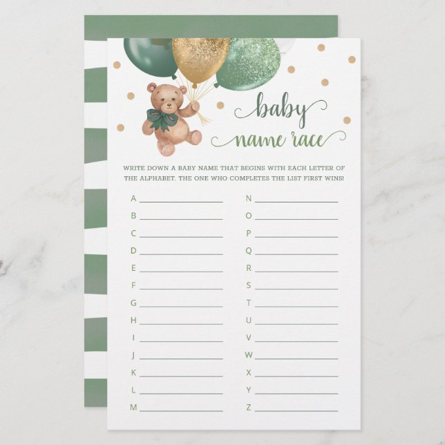 ベビー名レースゲームベビーシャワーテディベア (正面/裏面)