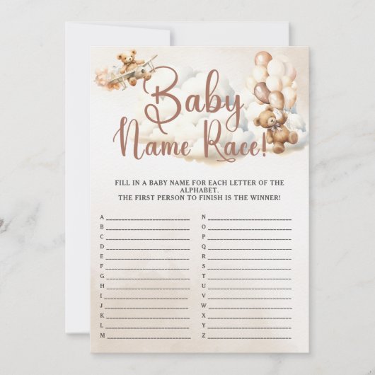 ベビー名レース簡単ベビーシャワーゲームかわいいクマ 招待状 (正面)