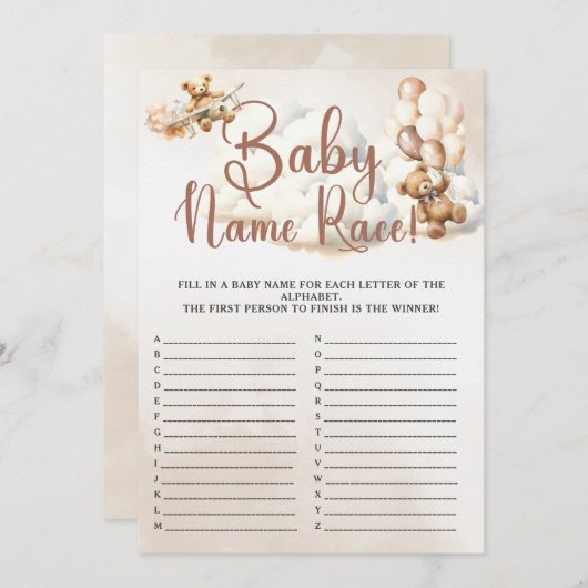 ベビー名レース簡単ベビーシャワーゲームかわいいクマ 招待状 (正面/裏面)