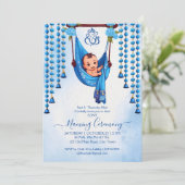 ベビー名前付けクレードルインディアン式ブルーテンプレート 招待状 (スタンド正面)