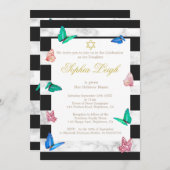 ベビー名前付けユダヤ白黒ストライプ蝶 招待状 (正面/裏面)