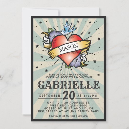 ベビー名岩とロールタトゥーベビーシャワー 招待状 (正面)