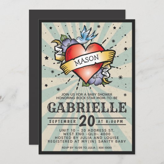 ベビー名岩とロールタトゥーベビーシャワー 招待状 (正面/裏面)