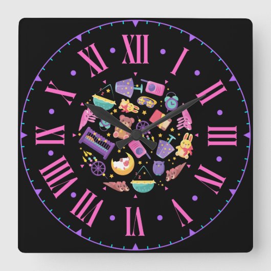 ベビー図形とアイコンのローマ数字 スクエア壁時計 (正面)