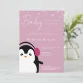 ベビー外が冷たい可愛いペンギンピンク 招待状 (スタンド正面)