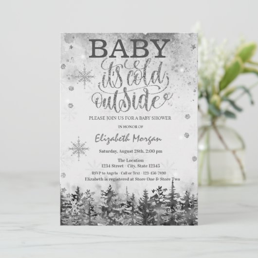 ベビー外が冷たい森の雪の赤ちゃんシャワー 招待状 (スタンド正面)