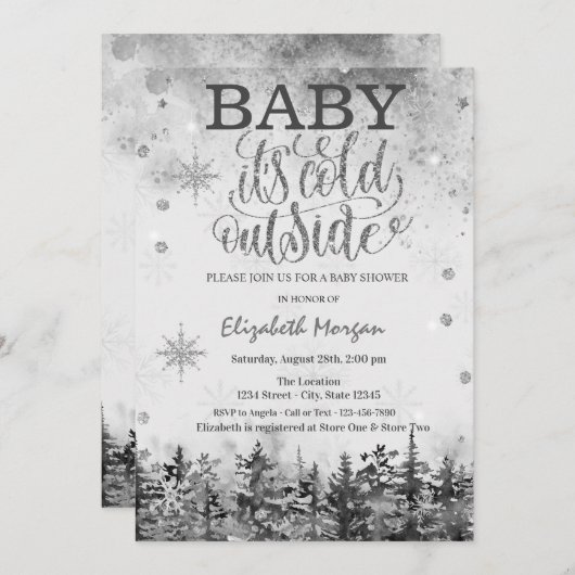 ベビー外が冷たい森の雪の赤ちゃんシャワー 招待状 (正面/裏面)