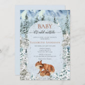 ベビー外が寒いかわいいキツネ赤ちゃんシャワー 招待状 (正面/裏面)