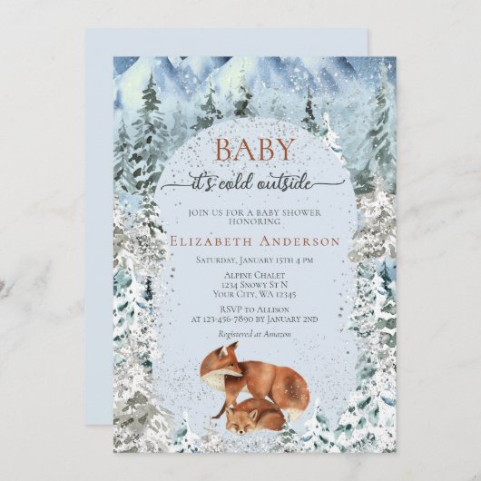 ベビー外が寒いかわいいキツネ赤ちゃんシャワー 招待状 (正面/裏面)