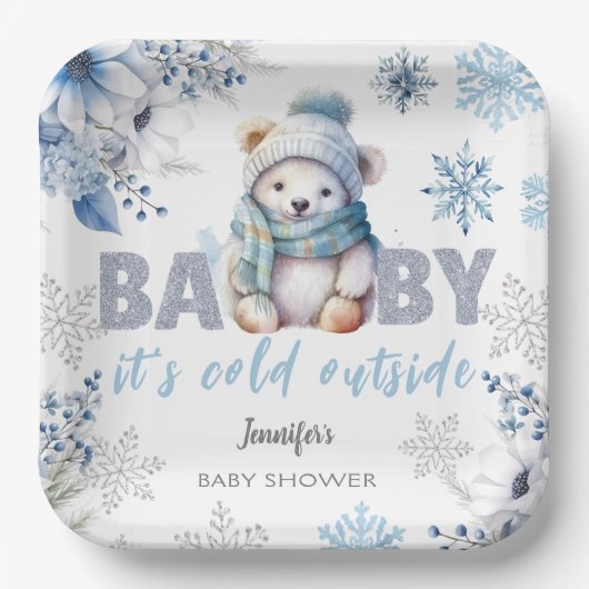 ベビー外が寒いかわいい男の子の冬の赤ちゃんシャワー ペーパープレート (正面)