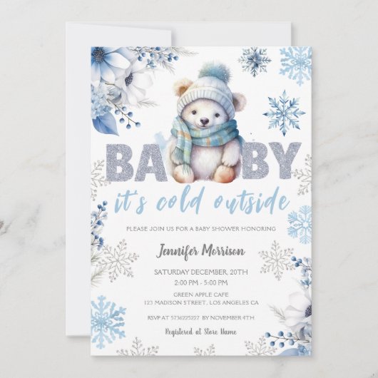 ベビー外が寒いかわいい男の子の冬の赤ちゃんシャワー 招待状 (正面)