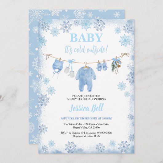 ベビー外が寒い男の子のシャワー青い冬 招待状 (正面/裏面)