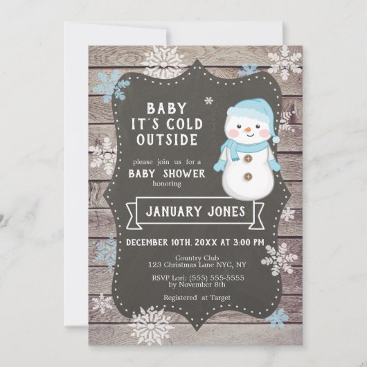 ベビー外が寒い男の子の赤ちゃんシャワー、雪だるま 招待状 (正面)